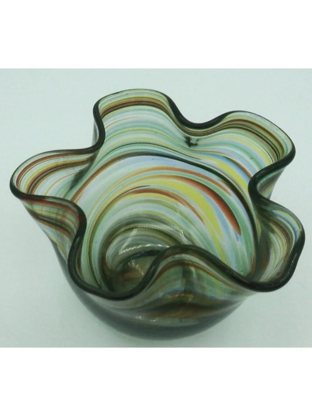 Hand Blown Art Glass Handkerchief Bowl Rainbow Swirl Ruffled  Edge Bowl